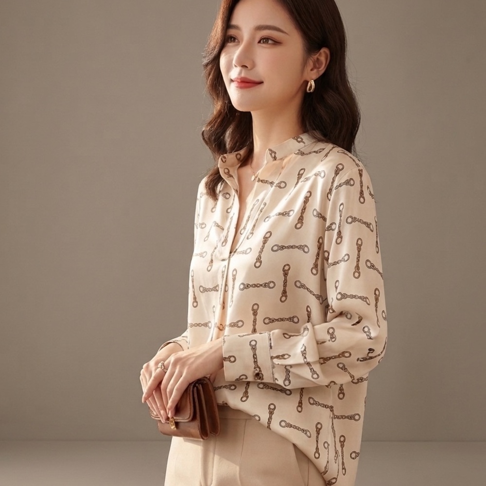 ZARA BASIC Cream Chain Link Print V-Neck Satin Blouse